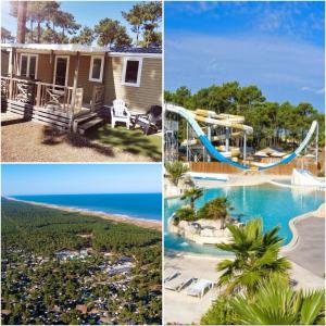 a collage of photos of a house and a resort at Mobil home Premium Camping 5* in Vendays-Montalivet