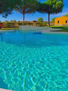 uma grande piscina de água azul com árvores e uma casa em APARTAMENTO MANUELA RESIDENCIAL **VISTA ESURI** em Ayamonte