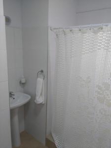 baño con cortina de ducha blanca y lavamanos en Hermoso Departamento en Mendoza en Mendoza