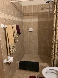 a bathroom with a shower with a toilet and towels at The Escape in Fond Cani
