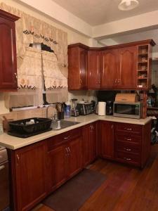 a kitchen with wooden cabinets and a sink and a microwave at The Escape in Fond Cani