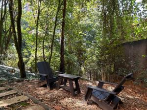 deux bancs et une table de pique-nique dans les bois dans l'établissement Exclusivo Loft en el poblado-rodeado de naturaleza 501, à Medellín