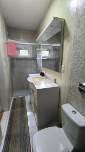a bathroom with a toilet and a sink and a mirror at Centro de Gramado in Gramado