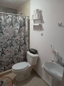 a bathroom with a toilet and a sink and a shower curtain at Luxos Casa Residencial Privada 