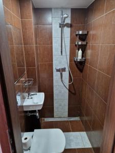 La salle de bains est pourvue d'une douche, de toilettes et d'un lavabo. dans l'établissement KS Trzech Krzyzy, à Varsovie