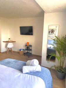 1 dormitorio con 1 cama y TV en la pared en BeachAccess HotelZone 3705, en Cancún