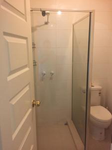 a bathroom with a glass shower with a toilet at lovey studio with bathroom and kitchen in Perth