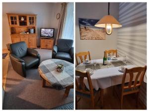 two pictures of a living room with a table and chairs at Ferienwohnung-Ria in Olsdorf