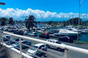 Un tas de voitures garées dans un port de plaisance avec des bateaux dans l'établissement Marin’Appart * vue sur mer*, à Gourbeyre