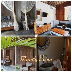 a collage of four pictures of a room at Villa Kayu Yogyakarta in Yogyakarta