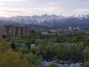 une ville avec des montagnes enneigées en arrière-plan dans l'établissement Атлант, нижняя Мега, комната для девушек Only for girls, à Almaty