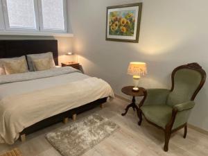 a bedroom with a bed and a chair and a lamp at Przytulne w Centrum in Ostrowiec Świętokrzyski