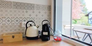a kitchen counter with a tea kettle and a window at Apartment Südwind Klettgau in Klettgau