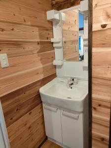 a bathroom with a white sink and a mirror at Hakuba Matata Apartment in Hakuba