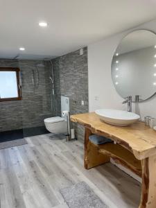 a bathroom with a sink and a mirror and a toilet at casa FABBRO in Avegno +12 photos