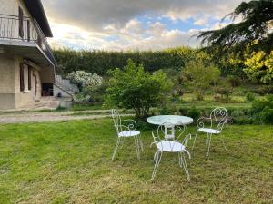 een tafel en vier stoelen in een tuin bij Chalet Echalas in Échalas