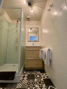 łazienka z prysznicem, umywalką i ręcznikami w obiekcie Coliwork Le Saint Romain w mieście Dangé