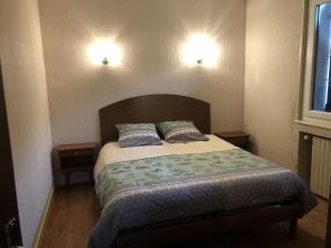 een slaapkamer met een bed met 2 kussens erop bij Chalet Echalas in Échalas