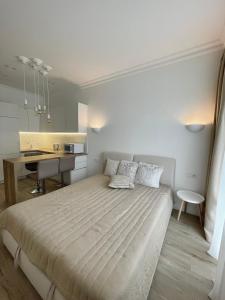 a bedroom with a large bed and a desk at Апартаменти Корфу біля моря in Odesa