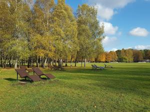a group of park benches sitting in a field at NEW Apartment J22, Free Private Parking, Terrace, Self Check-in in Kaunas
