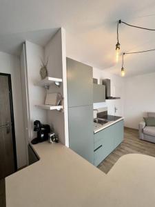 Superbe studio climatisé parking gratuit sur place في بونيفاسيو: مطبخ أبيض مع كونتر توب وغرفة معيشة