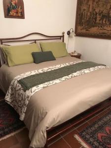 1 dormitorio con 1 cama grande con almohadas verdes en La casa della sirena en SantʼEufemia a Maiella