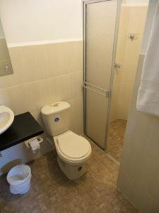 a bathroom with a toilet and a shower at Hotel Houston in Bucaramanga