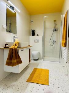 uma casa de banho com um chuveiro, um lavatório e um WC. em MYAPPARTEMENT em Künzelsau
