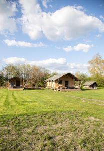 2 maisons dans un champ avec une cour d'herbe dans l'établissement Safaritent Lodge 2 plus, à Ruurlo