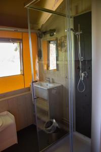 a bathroom with a shower and a sink at Safaritent Lodge 5 in Ruurlo