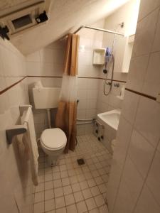 a small bathroom with a toilet and a sink at Casa MAMMUCCIA in Calascio +35 photos