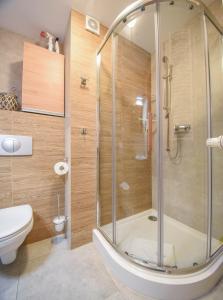 uma casa de banho com um chuveiro e um WC. em Apartamenty Bryza- Zeromskiego 5/27 em Świnoujście
