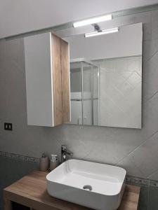 La salle de bains est pourvue d'un lavabo blanc et d'un miroir. dans l'établissement Titina's house - Peace and nature in Fiumicino, à Fiumicino