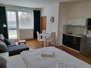 Zimmer mit einem Bett und einer Küche mit einem Tisch in der Unterkunft Apartmány EMMA in Podhájska