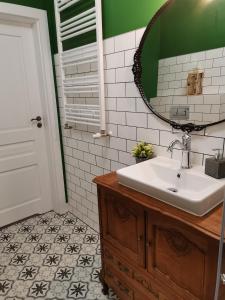 a bathroom with a sink and a mirror at Apartament Leśny in Zamość