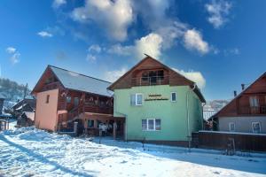 une maison dans la neige à côté de certains bâtiments dans l'établissement Pensiunea Ioana Mariana, à Botiza