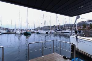 a group of boats docked in a marina at Hausboot Fjord Meeresbrise mit Dachterrasse in Flensburg in Flensburg