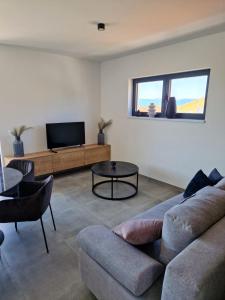 un soggiorno con divano e TV di Apartments Terra Sun with Private Pool or Jacuzzi a Njivice