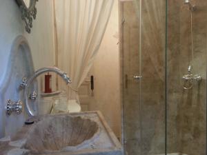 y baño con lavabo y ducha. en Chambres d'hôtes Jardin D'ivoire, en Saint-Gervais-la-Forêt