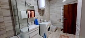 a bathroom with a toilet and a sink and a mirror at APARTMANI DIJANA in Trebinje