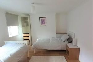 1 dormitorio con 2 camas y ventana en 2 Bedroom Victorian Garden Flat en Londres