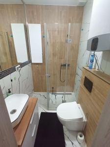 uma casa de banho com um chuveiro, um WC e um lavatório. em Apartament w centrum miasta przy parku i jeziorze em Szczecinek