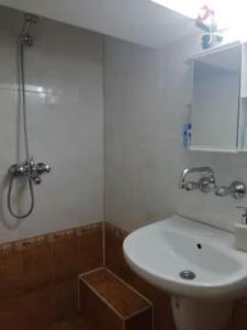 y baño con lavabo blanco y ducha. en Green Loft Apartment-Rose, en Sliven