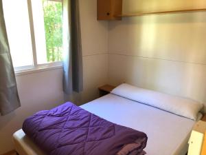 リャボルシにあるCamping Aigües Bravesのベッドと窓が備わる小さな客室です。