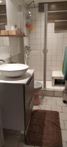 uma casa de banho com um lavatório, um chuveiro e um WC. em GITE DE CHARME PLEINE NATURE em Vecoux