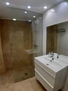 ムルシアにあるAPARTAMENTO PATRICIAのバスルーム(白いシンク、シャワー付)