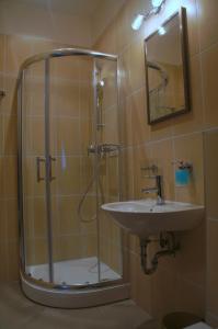 a bathroom with a shower and a sink at Hotel U Parku in Hořovice