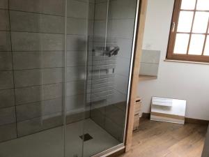 y baño con ducha y puerta de cristal. en le colombier de Royaumont, en Saint-Arnoult