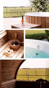 a collage of pictures of a hot tub and a bottle of wine at de Zuiderstolp in Zuidermeer