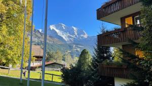 Blick auf einen schneebedeckten Berg von einem Haus in der Unterkunft Hotel Bellevue - Traditional Swiss Hideaway in Wengen